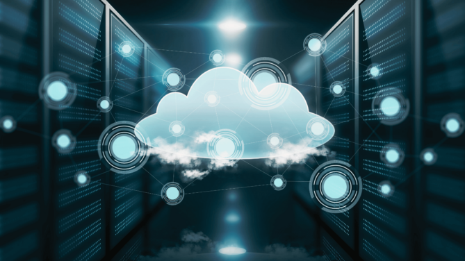 Digital server farm with a cloud in front to symbolize cloud technology.