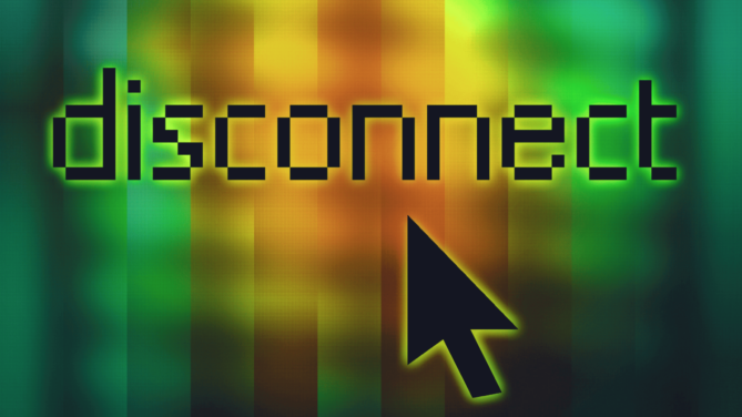 multicolored background with the word "disconnect" and a mouse arrow pointing to it
